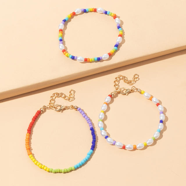 Boho color seed beads pearl bracelet set