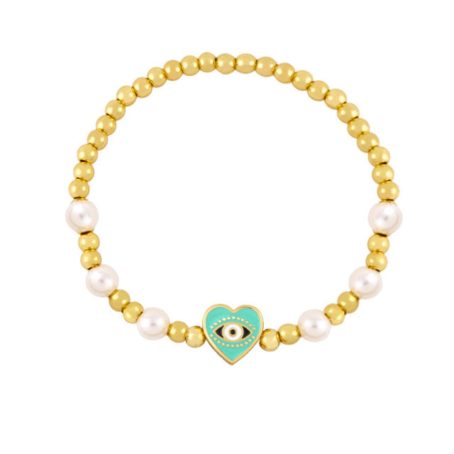 Enamel heart evil eye pearl bracelet