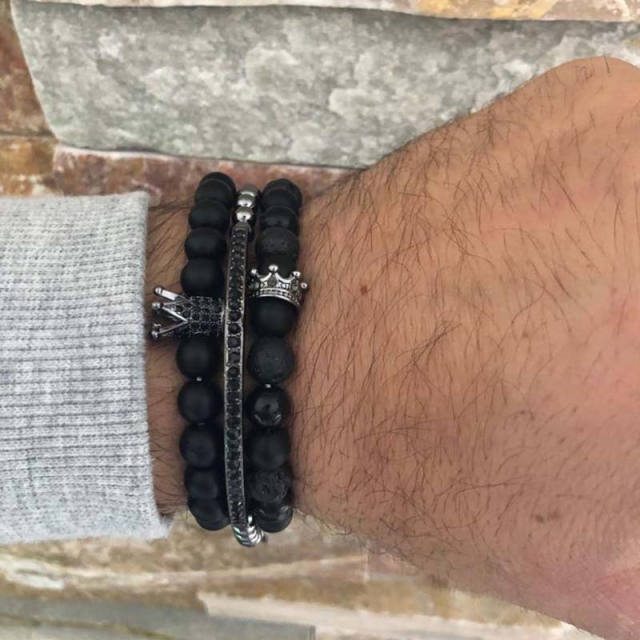Three piece black color natural stone beads men's bracelet