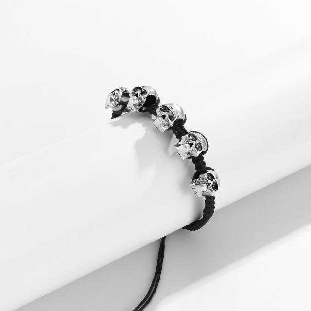 Hiphop silver skull head braid bracelet for men