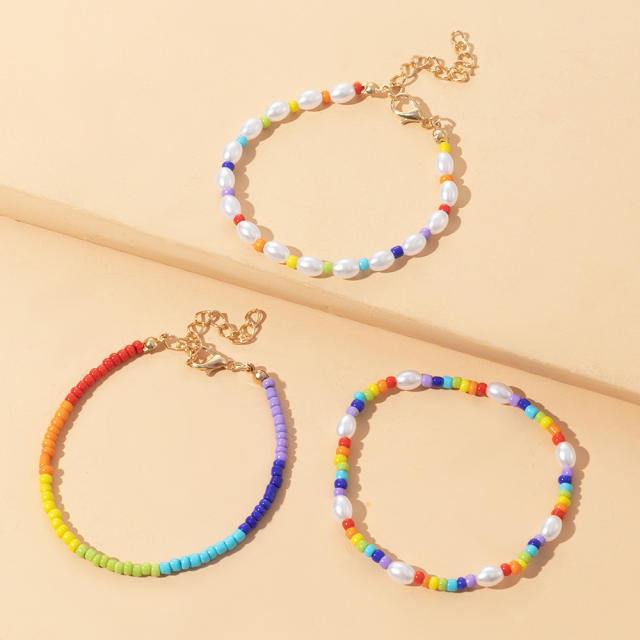 Boho color seed beads pearl bracelet set