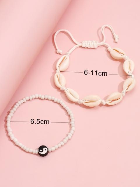 Black white taichi pattern seed beads shell bracelet set