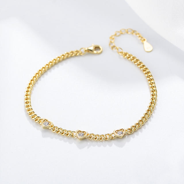 S925 heart cz cuban chain bracelet