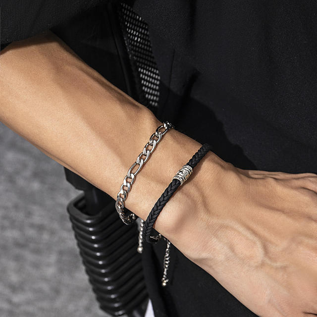 Two layer figaro chain PU leather mens bracelet