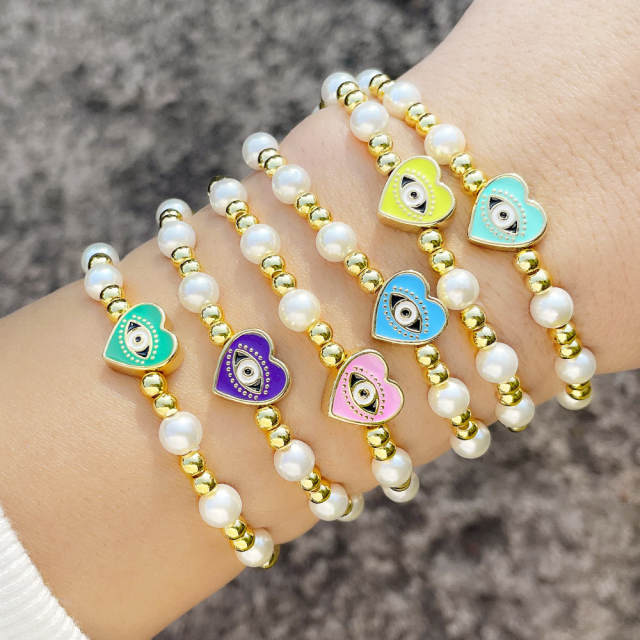 Enamel heart evil eye pearl bracelet