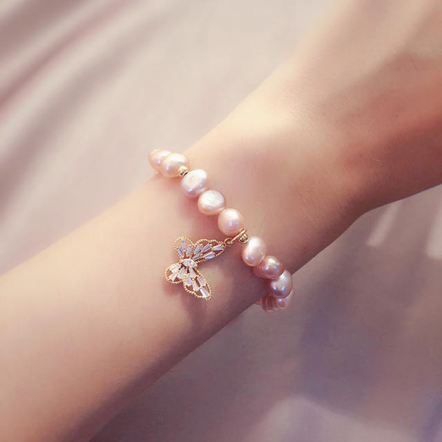 Baroque pearl butterfly charm slide bracelet