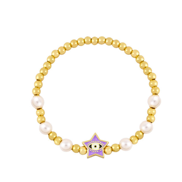 Enamel star evil eye pearl beaded bracelet