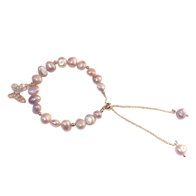 Baroque pearl butterfly charm slide bracelet