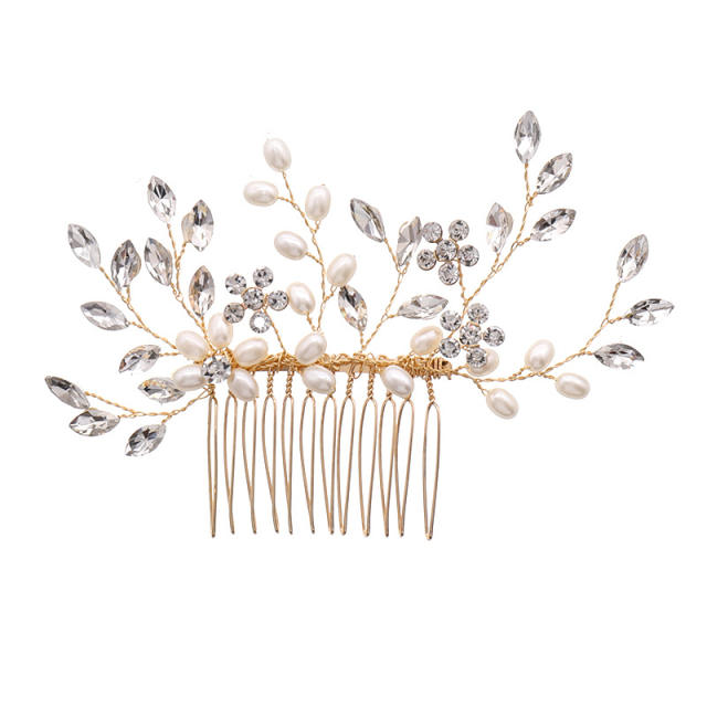 Pearl rhinestone leaf bridal hair comb