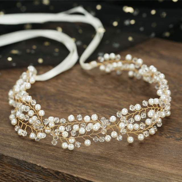 Pearl crystal beaded bridal headband