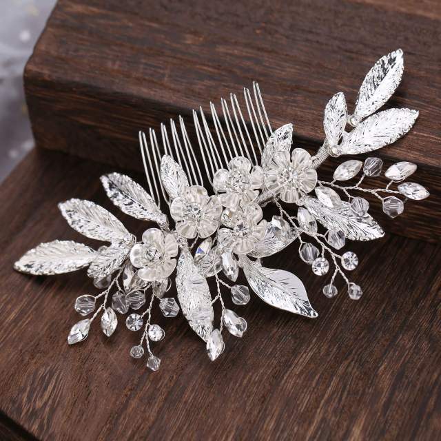 Silver color leaf shape bridal hair combs