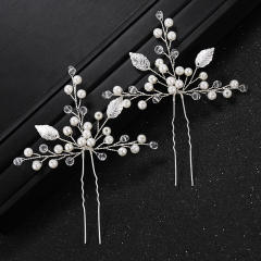 Leaf pearl and crystal beads bridal hairpin