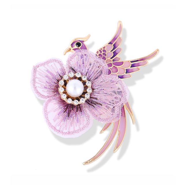 Embroidery flower enamle bird brooch