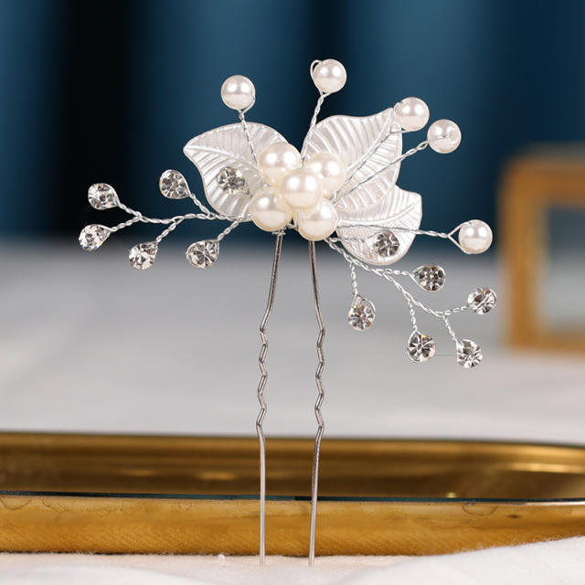 Handmade pearl leaves bridal hairpins