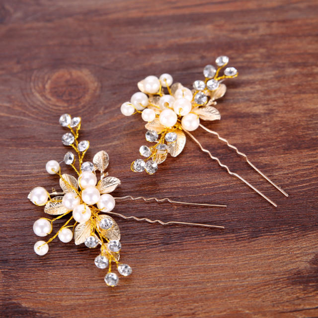 Gold color leaves pearl bridal hairpins