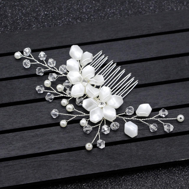 White Pearl flower crystal beads bridal hair comb