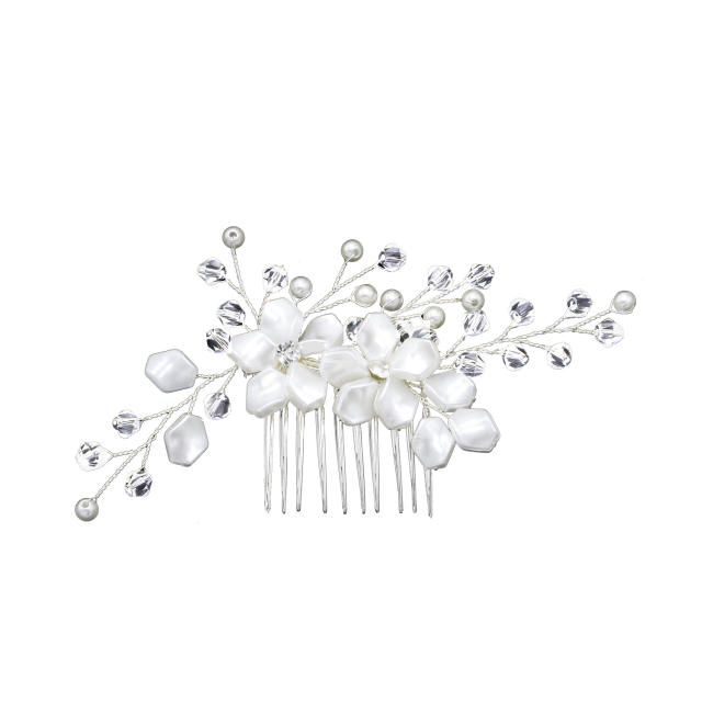 White Pearl flower crystal beads bridal hair comb