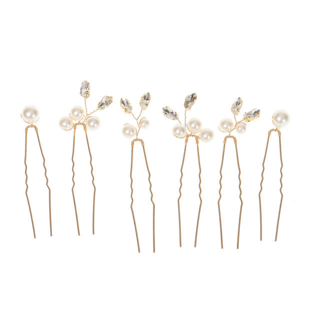 Pearl crystal beads leaf U shape hairpin 6pcs set