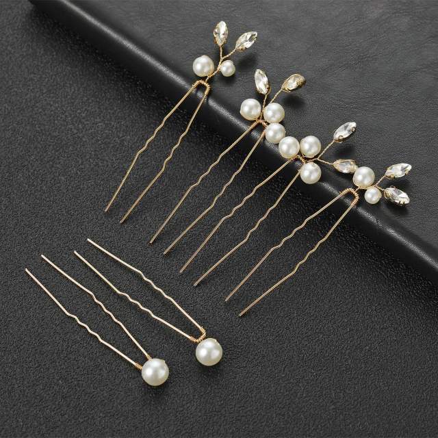 Pearl crystal beads leaf U shape hairpin 6pcs set