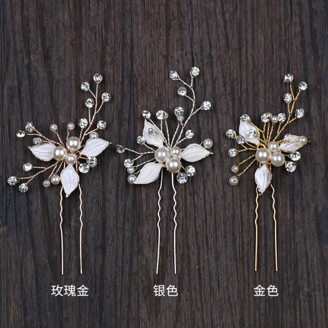 Handmade leaves pearl diamond bridal hairpins