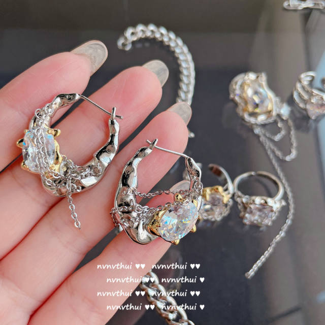 18K gold melting gem the horse eye chain tassel zircon ring earring ear clip bracelet necklace set