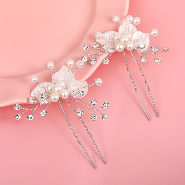 Handmade pearl leaves bridal hairpins