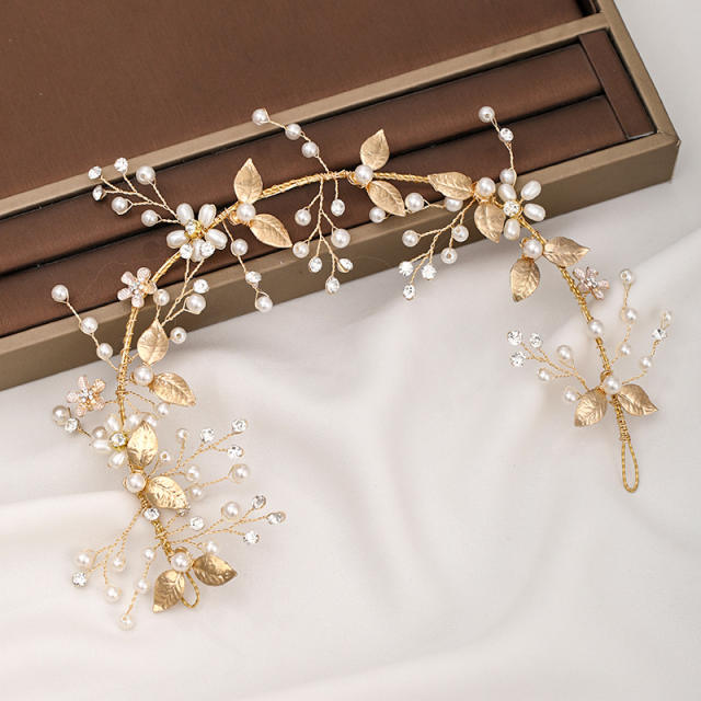 Gold color leaf pearl beads bridal hair pieces