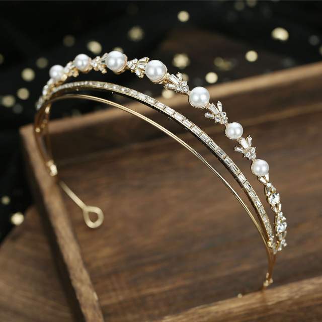 3 Layer CZ pearl beaded bridal headband