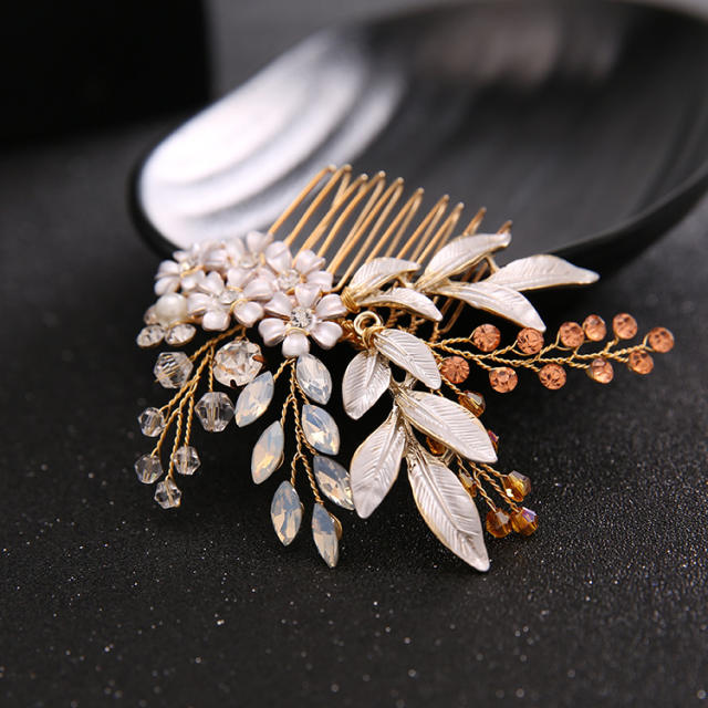 Leaf flower crystal beaded bridal hair comb