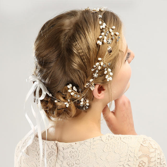 Handmade pearl bead leaf bridal hair bands