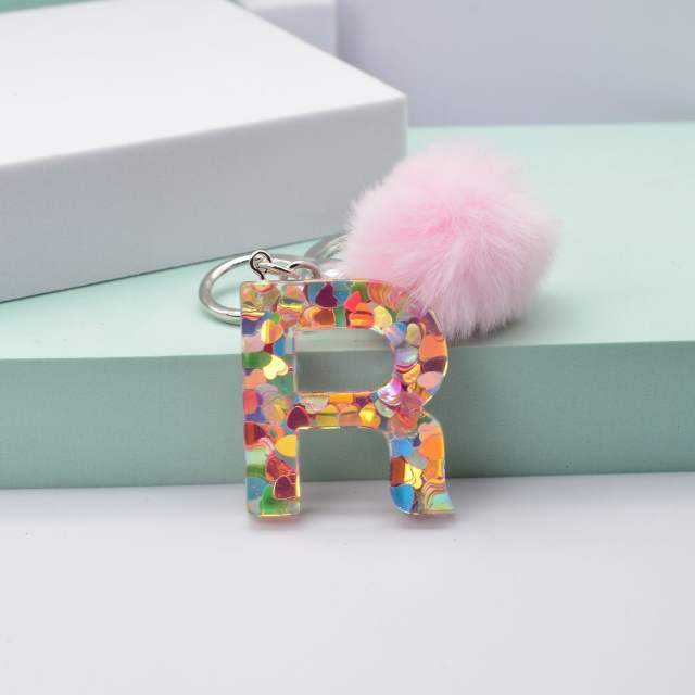 Heart sequins hairball inital letter keychain