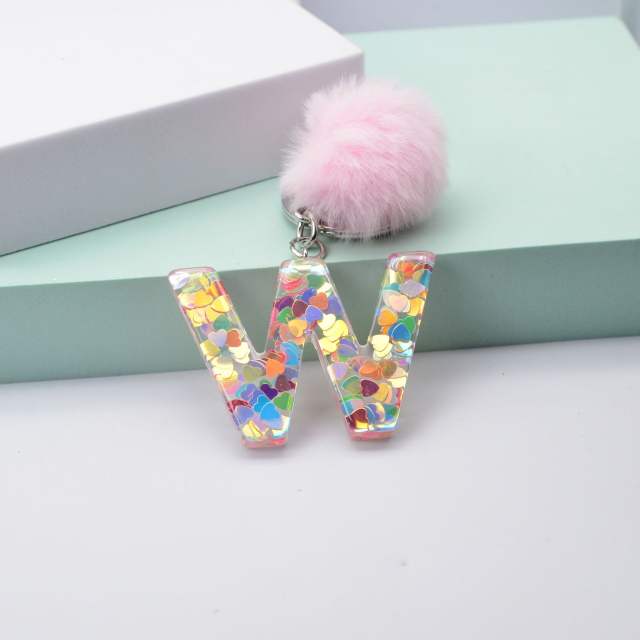 Heart sequins hairball inital letter keychain