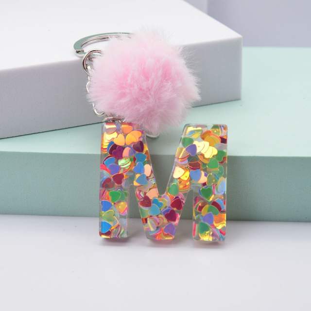 Heart sequins hairball inital letter keychain