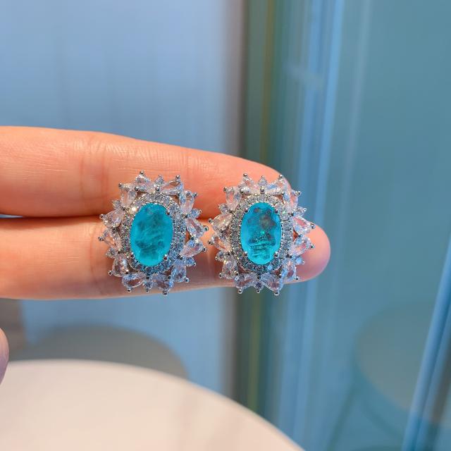 Vintage Aquamarine cubic zircon statement ear studs rings necklaces