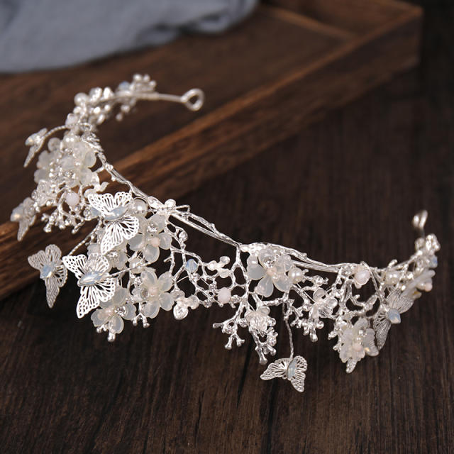 Silver butterfly crystal bead crown bridal headband