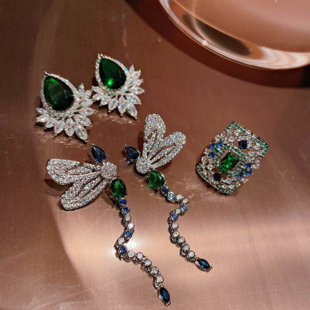 18K gold Retro emerald dragonfly diamond zircon necklace ring ear stud earring set