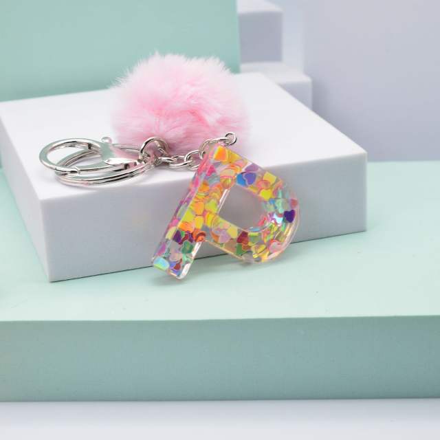 Heart sequins hairball inital letter keychain