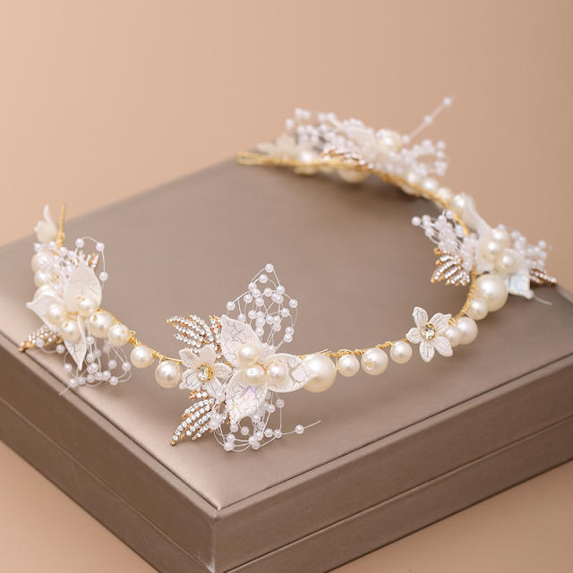 Handmade pearl rhinestone leaf bridal headband