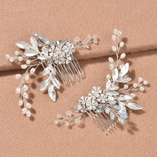 Fashion diamond flower Pearl bridal hair comb 2-piece set