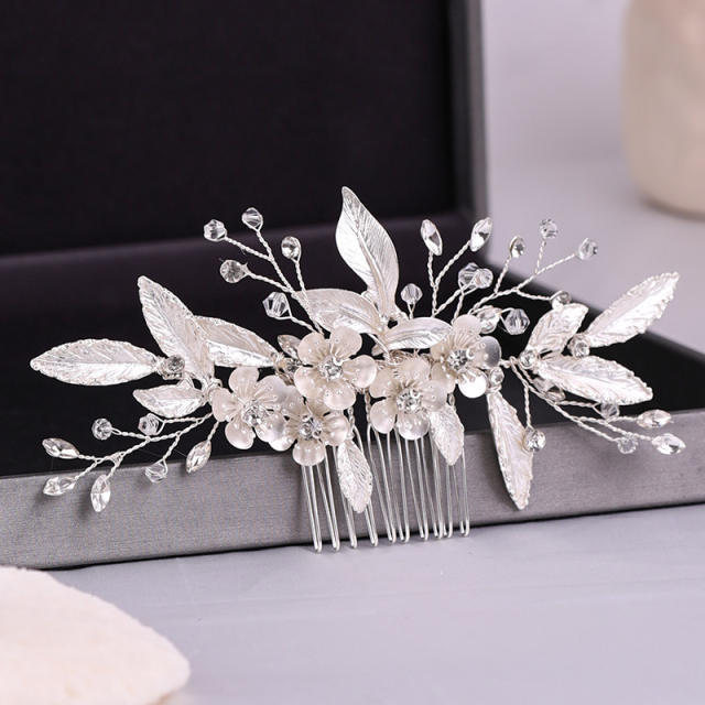 Silver leaf flower bridal hair combs