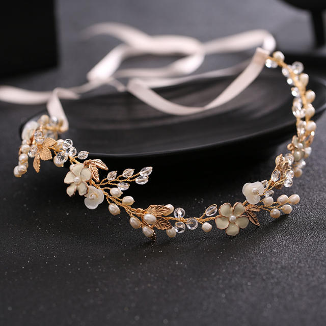 Pearl flower crystal beads bridal headband
