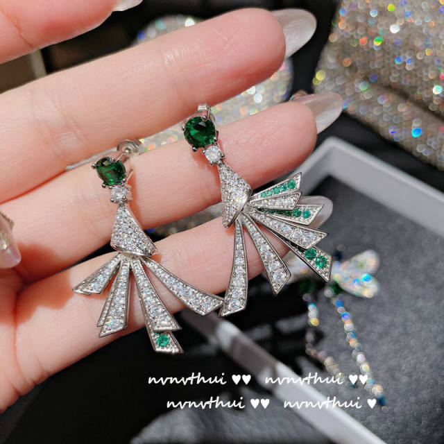 18K gold Retro emerald dragonfly diamond zircon necklace ring ear stud earring set