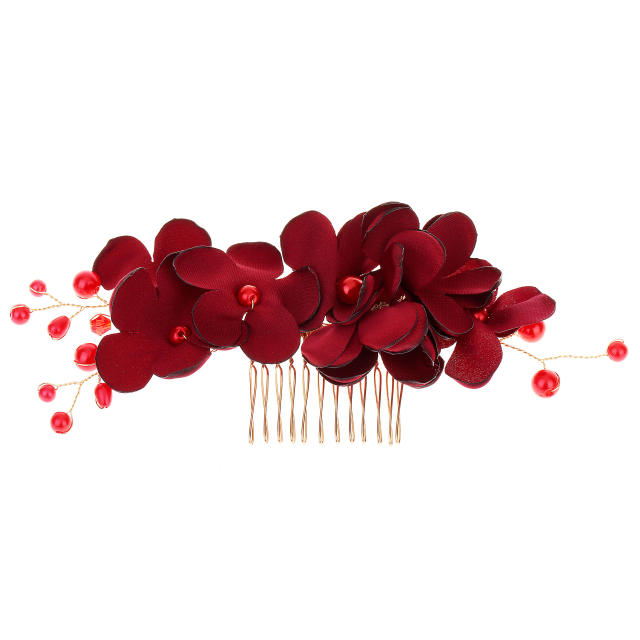 Korean bride red flower fabric art pearl hair comb