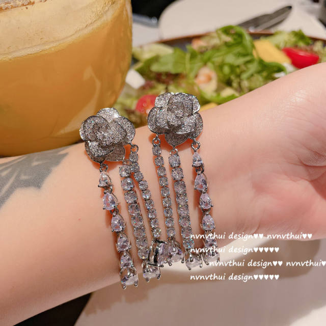 18K gold rose camellia zircon luxury earring bracelet ring necklace set
