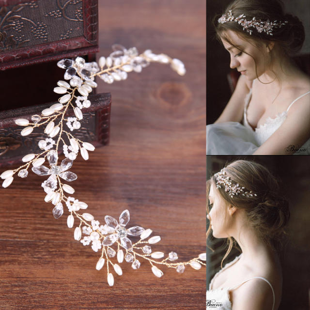 Beaded pearl crystal bridal headband