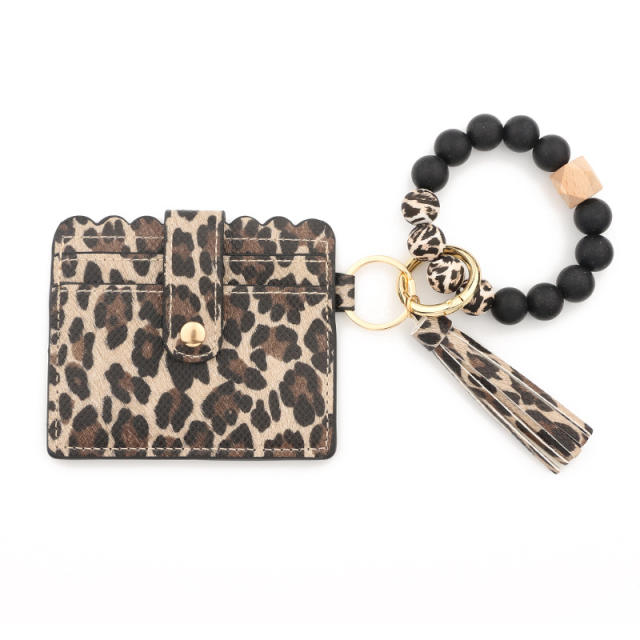 PU leather leopard bracelet tassel card holder keychain