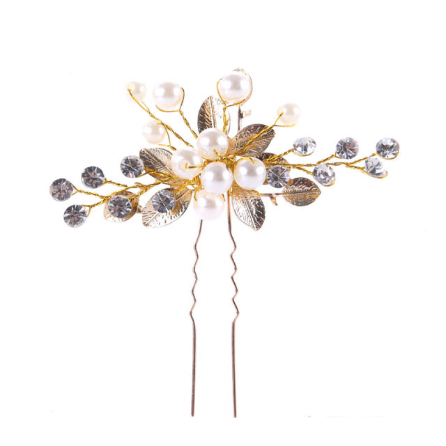 Gold color leaves pearl bridal hairpins