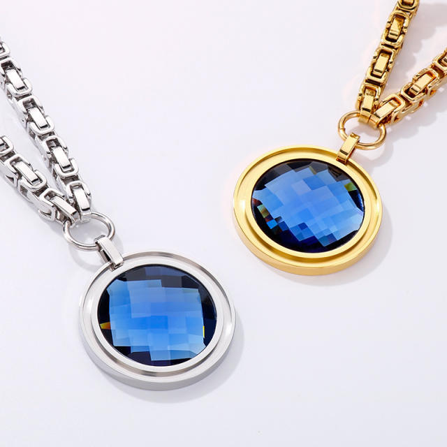 Color glass crystal round pendant punk stainless steel necklace set