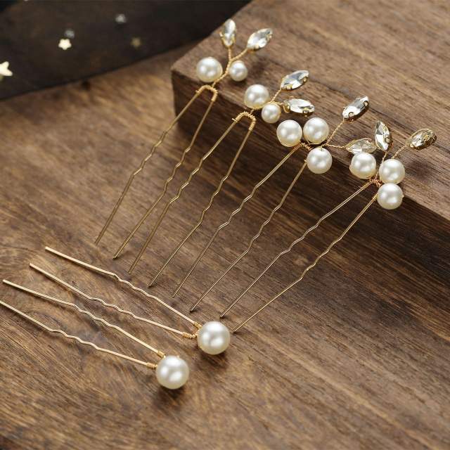 Pearl crystal beads leaf U shape hairpin 6pcs set