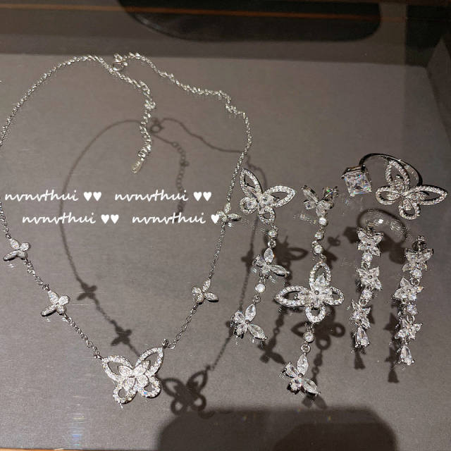 18K gold butterfly bowknot diamond charm zircon bracelet ring earring necklace set